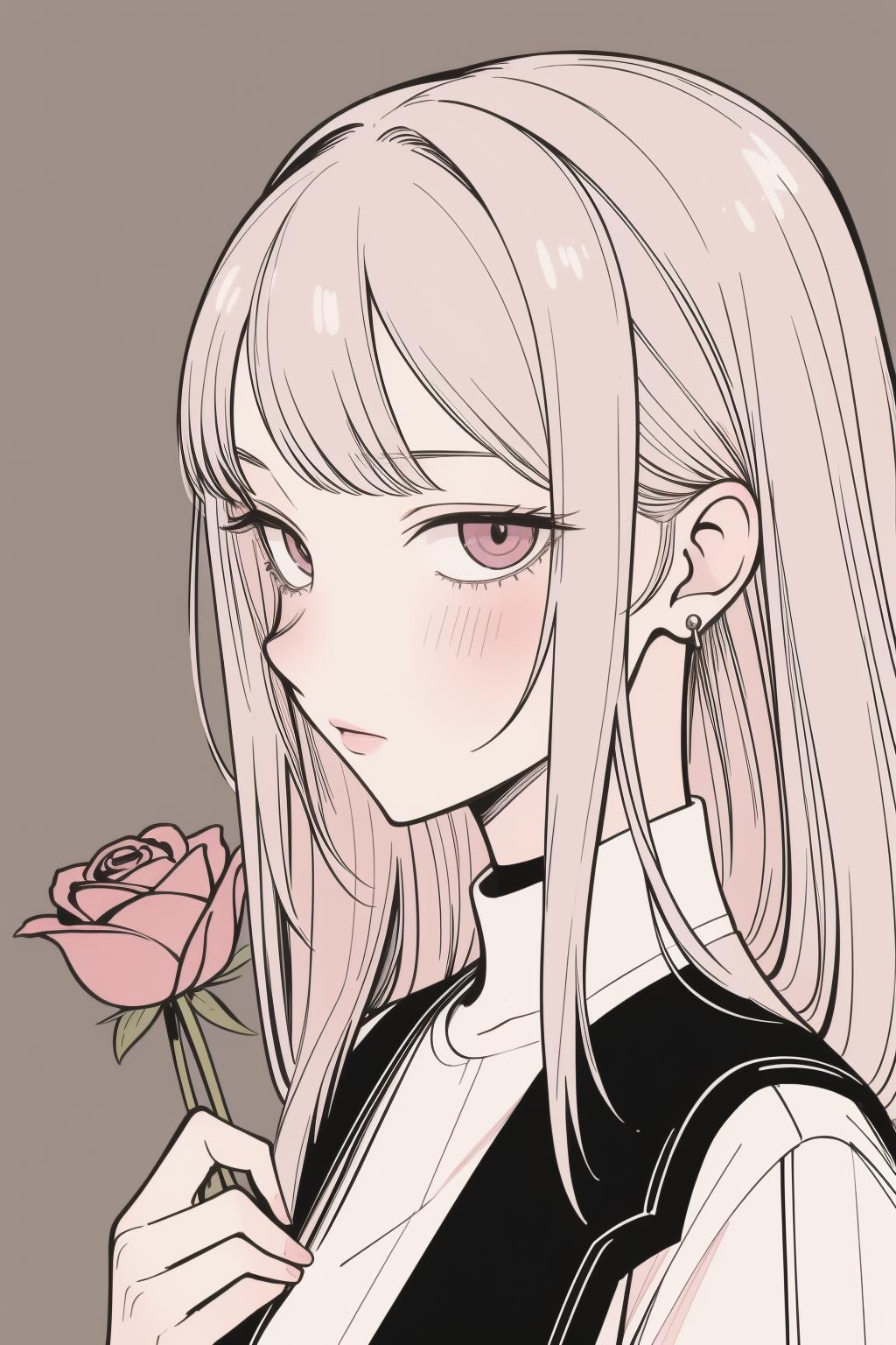 A drawing of a girl with long hair holding a rose - SeaArt AI