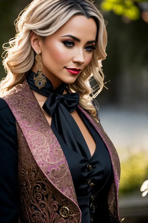 medium shot photo of a mix of (pocket watch, waistcoat, and ascot tie:0. 8) and (evening gown:0.5)  (linds3yp3las:0.99), nice cleavage, red lips, intricate steampunk+ city, evening, dark, atmospheric, mist, best quality masterpiece, photorealistic, detailed, 8k, HDR, shallow depth of field, broad light, high contrast, backlighting, bloom, light sparkles, chromatic aberration, sharp focus, RAW color photo<lora:epiNoiseoffset_v2Pynoise:1.0>