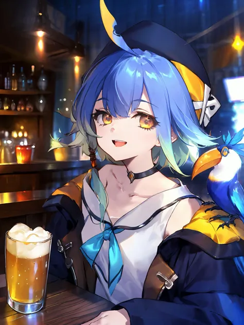 masterpiece,best quality,highres,cinematic lighting,dramatic angle,<lora:ShadowverseBarbarosV2-000027:0.8:lbw=barbaros>,1girl,blue hair,gradient hair,ahoge,hat,coat,white shirt,off shoulder,collarbone,teeth,evil smile,beer,at bar,crowd,sitting,blue bird on shoulder