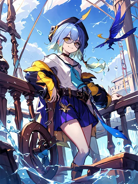 masterpiece,best quality,highres,cinematic lighting,dramatic angle,<lora:ShadowverseBarbarosV2-000027:0.8:lbw=ALL>,1girl,wave,on boat,rainy,storm,hat,blue hair,ahoge,gradient hair,looking at viewer,sunglasses,evil smile,wheel,skull,asymmetrical legwear,sailor fuku,coat,off one shoulder,white shirt,necktie,braid,yellow eyes,blue bird,holding wheel,single thighhigh,helm,rudder,on ship deck,