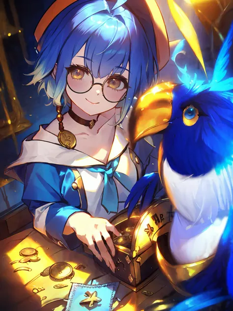 masterpiece,best quality,highres,cinematic lighting,dramatic angle,<lora:ShadowverseBarbarosV2-000027:0.8:lbw=barbaros>,1girl,blue hair,gradient hair,ahoge,hat,white shirt,off shoulder,collarbone,happy,evil smile,sitting,blue bird on shoulder,glasses,from above,sailor fuku,coins,gold,medal,treasure chest,treasure