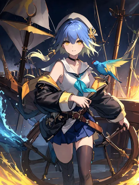 masterpiece,best quality,highres,cinematic lighting,dramatic angle,<lora:ShadowverseBarbarosV2-000027:0.8:lbw=barbaros>,1girl,yellow eyes,blue hair,gradient hair,ahoge,hat,white shirt,off shoulder,collarbone,coat,mocking,taunting,evil smile,blue bird on shoulder,sunglasses,sailor fuku,cowboy shot,upraised eyebrows,boots,asymmetrical legwear,single thighhigh,shaded face,on boat,deck,wheel,burning harbor,pleated skirt,(burning city buildings:1.1),flaming,fire,ashes,(blood:1.3),shaded face,cruel,yandere,glowing eyes,(corpses,skull:1.2),(wheel,rudder:1.2),