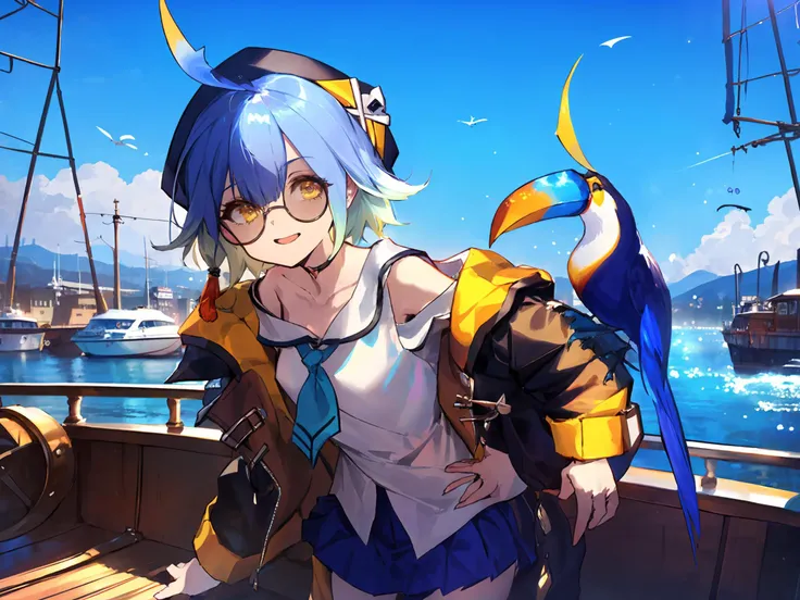 masterpiece,best quality,highres,cinematic lighting,dramatic angle,<lora:ShadowverseBarbarosV2-000027:0.8:lbw=barbaros>,1girl,yellow eyes,blue hair,gradient hair,ahoge,hat,white shirt,off shoulder,collarbone,coat,mocking,taunting,evil smile,blue bird on shoulder,sunglasses,sailor fuku,cowboy shot,upraised eyebrows,boots,asymmetrical legwear,single thighhigh,shaded face,on boat,deck,wheel,harbor,pleated skirt,