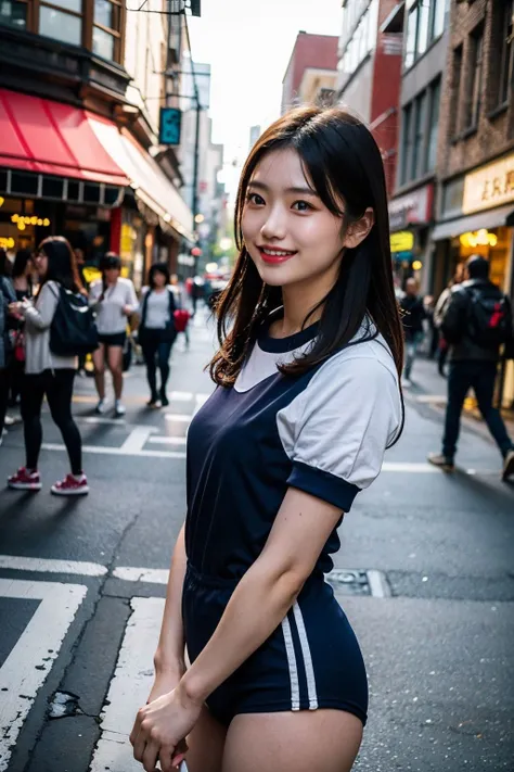 Candid photo of japanese girl, wearing burumashorts, with captivating
eyes, smiling amidst a bustling city, upper body
framing, in a street photography setting, golden hour
lighting:1.3), shot at eye level, on a Fujifilm X-T4
with a 50mm lens, in the style of Alfred Stieglitz
<lora:burumashorts-v1-12:0.9>