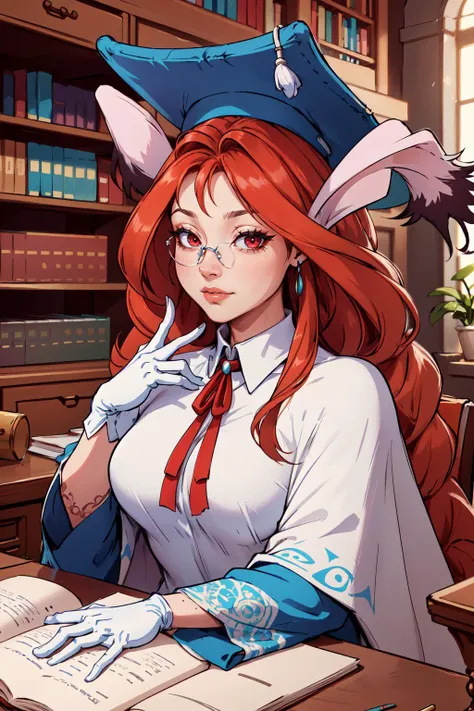 (masterpiece,best quality,absurdres,beautiful,intricate,4k,detailed,aesthetic),sitting,desk,library,upper body,1girl,bofmomo,animal ears, single braid, red eyes, glasses, hat, white capelet, blue dress,blue sleeves, red ribbon, gloves,slight smile <lora:BreathOfFire_Momo:1>