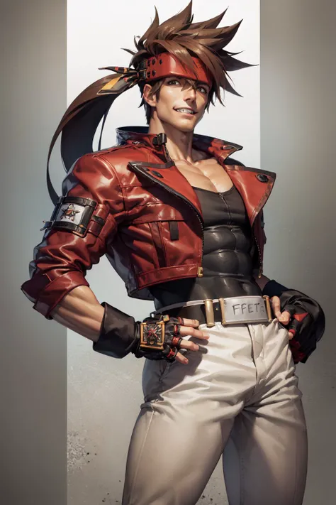(masterpiece, best quality:1.2), <lora:guiltygear_badguy-17:1>, cowboy shot, solo, male focus, 1boy, sol badguy, muscular male, grin, looking at viewer, hand on hip, brown hair, ponytail, headband, red jacket, white pants, fingerless gloves, belt