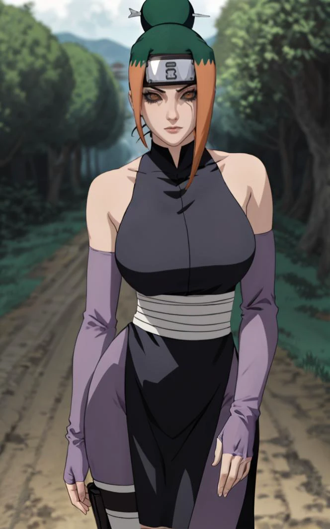 ReIncarnated_Kunoichi_Pakura_ownwaifu,
1girl, forehead protector, brown eyes, black sclera, colored sclera, single hair bun, green hair, orange hair, hair ornament, breasts, large breasts, multicolored hair, collarbone, two-tone hair,
sarashi, bare shoulders, ninja, sleeveless, detached sleeves, purple gloves, elbow gloves, bandaged leg, leg wrap, black dress,
<lora:NARUTO_Kunoichi_Pakura_ownwaifu:1> ,
((masterpiece)),((best quality)),(highres), bokeh, depth_of_field, day, tree shade, sunlight, scenery, architecture, looking at viewer, solo, cowboy shot,