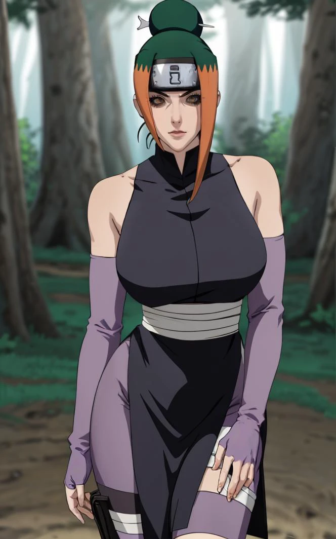ReIncarnated_Kunoichi_Pakura_ownwaifu,
1girl, forehead protector, brown eyes, black sclera, colored sclera, single hair bun, green hair, orange hair, hair ornament, breasts, large breasts, multicolored hair, collarbone, two-tone hair,
sarashi, bare shoulders, ninja, sleeveless, detached sleeves, purple gloves, elbow gloves, bandaged leg, leg wrap, black dress,
<lora:NARUTO_Kunoichi_Pakura_ownwaifu:0.9> ,
((masterpiece)),((best quality)),(highres), bokeh, depth_of_field, day, tree shade, sunlight, scenery, architecture, looking at viewer, solo, cowboy shot,