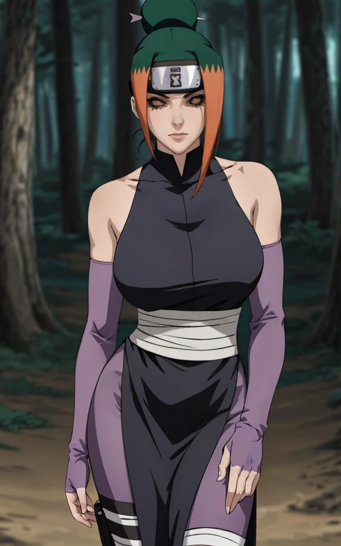 ReIncarnated_Kunoichi_Pakura_ownwaifu,
1girl, forehead protector, brown eyes, black sclera, colored sclera, single hair bun, green hair, orange hair, hair ornament, breasts, large breasts, multicolored hair, collarbone, two-tone hair,
sarashi, bare shoulders, ninja, sleeveless, detached sleeves, purple gloves, elbow gloves, bandaged leg, leg wrap, black dress,
<lora:NARUTO_Kunoichi_Pakura_ownwaifu:0.8> ,
((masterpiece)),((best quality)),(highres), bokeh, depth_of_field, day, tree shade, sunlight, scenery, architecture, looking at viewer, solo, cowboy shot,