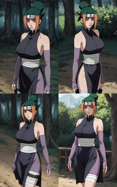 Costum_Kunoichi_Pakura_ownwaifu,
1girl, forehead protector, brown eyes, single hair bun, green hair, orange hair, hair ornament, breasts, large breasts, multicolored hair, collarbone, two-tone hair,
bare shoulders, ninja, elbow gloves, sleeveless, detached sleeves, sarashi, thigh pouch, purple gloves, bandaged leg, impossible clothes,
{<lora:NARUTO_Kunoichi_Pakura_ownwaifu:1> |<lora:NARUTO_Kunoichi_Pakura_ownwaifu:0.9> |<lora:NARUTO_Kunoichi_Pakura_ownwaifu:0.8> |<lora:NARUTO_Kunoichi_Pakura_ownwaifu:0.7> },
((masterpiece)),((best quality)),(highres), bokeh, depth_of_field, day, tree shade, sunlight, scenery, architecture, looking at viewer, solo, cowboy shot,