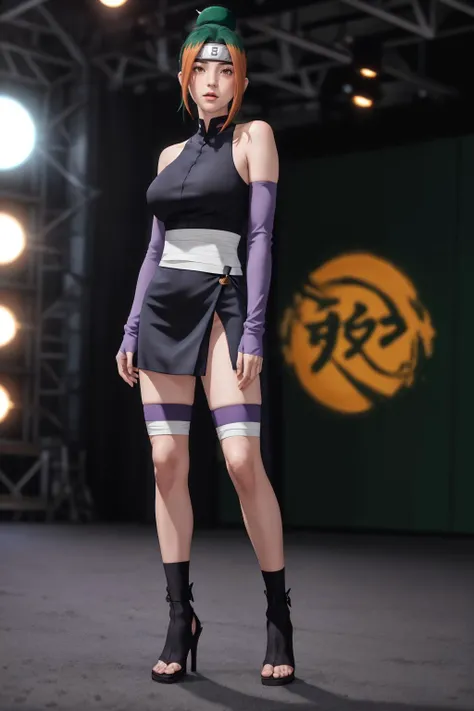 8k,highres,absurdres,masterpiece,best quality,original,extremely detailed CG,extremely detailed wallpaper,perfect lighting,<lyco:GoodHands-beta2:1>,
1girl,solo,blurry_background,looking_at_viewer,standing on the stage,
<lora:NARUTO_Kunoichi_Pakura_ownwaifu:0.7>,Costum_Kunoichi_Pakura_ownwaifu,forehead protector,brown eyes,single hair bun,green hair,orange hair,hair ornament,breasts,large breasts,multicolored hair,collarbone,two-tone hair,bare shoulders,ninja,elbow gloves,sleeveless,detached sleeves,sarashi,thigh pouch,purple gloves,bandaged leg,impossible clothes,