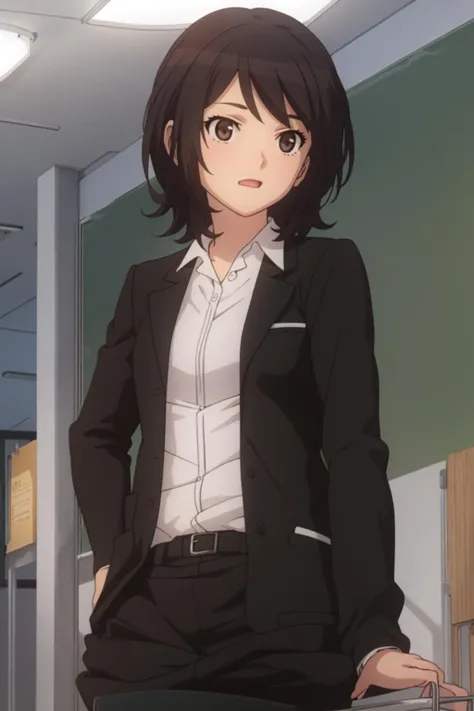 (masterpiece),best quality,<lora:takahashi_maya4-000016:0.85>,takahashi_maya,1girl,solo,formal,uniform,teacher,black jacket,