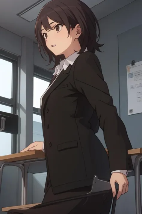 (masterpiece),best quality,<lora:takahashi_maya4-000016:0.7>,takahashi_maya,1girl,solo,formal,uniform,teacher,black jacket,