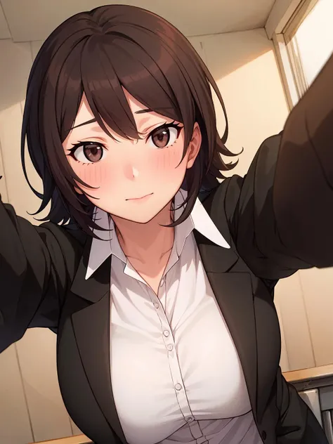 (Highest quality, 8K, 32k, masterpiece, Ultra-high resolution: 1.2), 1 Girl, Beautiful Japanese Woman, thinウエスト, (Gray suit), Open jacket, 魅力的なoffice Lady, suit, (Gray Tight Skirt), office, office, machine, Beautiful Face, Brown Hair, Bob Hair, Saggy eyes, Slender figure,Cleavage, thin, whole body, Detailed expression down to the fingertips,Sexy thighs, One Woman, alone, A charming smile,White panties,Peeking inside the skirt from below,Angle from below,Low - Angle