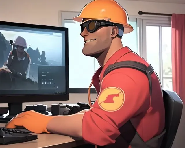 masterpiece, high quality, best quality, half-length portrait, upper body, tf2engie, redteam, goggles, hardhat, overalls, red shirt, single glove, detailed background, indoors, living room, looking at viewer, (side view), smiling, smiling at viewer, sitting on gaming chair, ((gaming)), (((wearing headphones, headset))), keyboard, mouse, computer,  <lora:engielorav1:0.8>