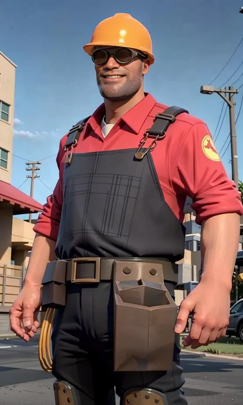(best quality, masterpiece:1.2), (realistic, photo realistic:1.3), UHD, high detail color photo, extremely detailed CG unity 8k wallpaper, sharp focus, (realistic skin), perfect anatomy, perfect hands, (cinematic lighting), half-length portrait ,
tf2engie, redteam, goggles, hardhat, overalls, detailed background, outdoors, looking at viewer, front view, smiling, smiling at viewer, <lora:engielorav1:0.8>