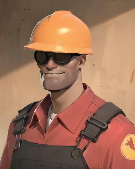 masterpiece, high quality, best quality, half-length portrait, upper body, tf2engie, redteam, goggles, hardhat, overalls, red shirt, single glove, detailed background, indoors, looking at viewer, front view, smiling, smiling at viewer, <lora:engielorav1:0.8>