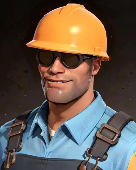 masterpiece, high quality, best quality, half-length portrait, upper body, tf2engie, bluteam, goggles, hardhat, overalls, blue shirt, single glove, detailed background, indoors, looking at viewer, front view, smiling, smiling at viewer, <lora:engielorav1:0.8>