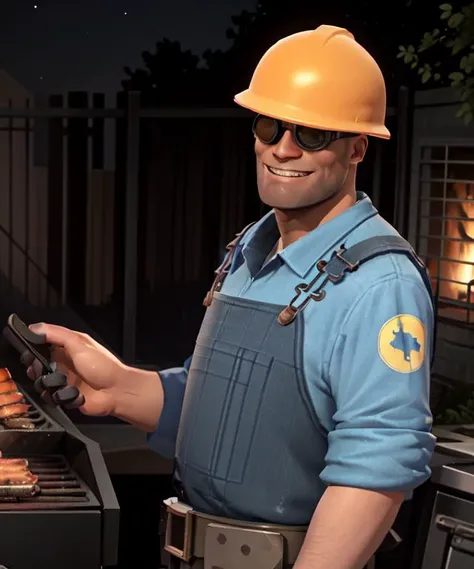 masterpiece, high quality, best quality, half-length portrait, upper body, tf2engie, bluteam, goggles, hardhat, overalls, blue shirt, single glove, detailed background, outdoors, night, ((grill, grilling, barbecue)), looking at viewer, front view, smiling, smiling at viewer, <lora:engielorav1:0.8>