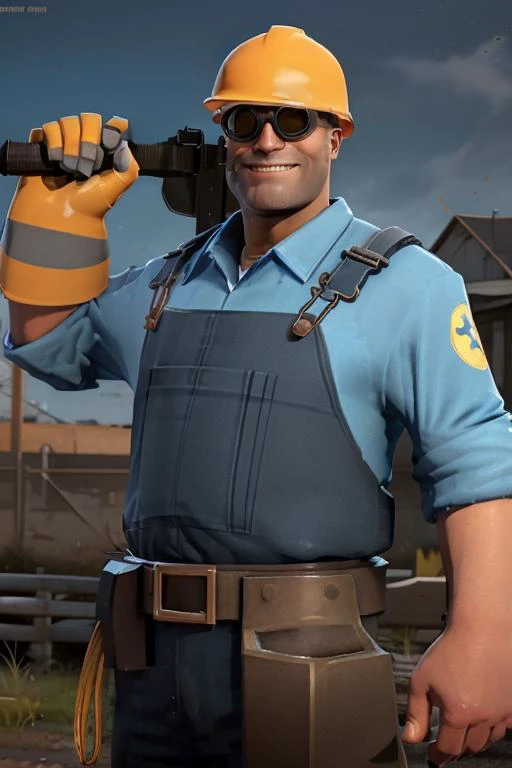 masterpiece, high quality, best quality, tf2engie, bluteam, goggles, hardhat, overalls, blue shirt, single glove, holding weapon, wrench, weapon over shoulder, detailed background, outdoors, looking at viewer, front view, smiling, smiling at viewer, <lora:engielorav1:0.8>