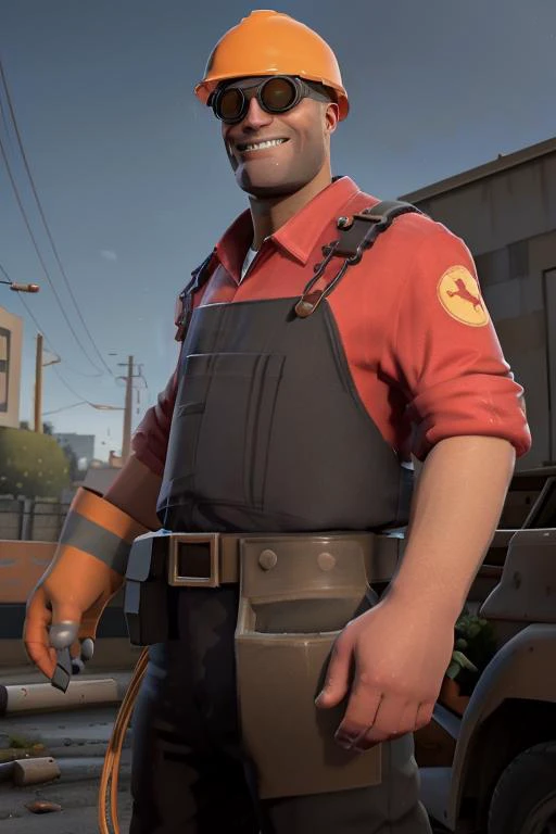 masterpiece, high quality, best quality, tf2engie, redteam, goggles, hardhat, overalls, detailed background, outdoors, looking at viewer, front view, smiling, smiling at viewer, <lora:engielorav1:0.8>