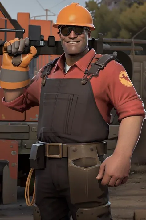 masterpiece, high quality, best quality, tf2engie, redteam, goggles, hardhat, overalls, red shirt, single glove, holding weapon, wrench, weapon over shoulder, detailed background, outdoors, looking at viewer, front view, smiling, smiling at viewer, <lora:engielorav1:0.8>