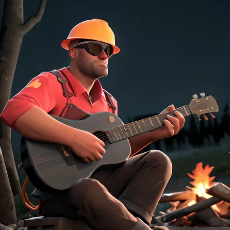 engie, red shirt, overalls, hardhat, goggles, sitting, campfire, playing the guitar, night, moody lighting, ambient lighting, serious, <lora:engielorav1:.8>