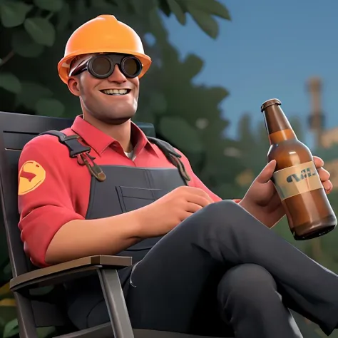 engie, red shirt, hardhat, overalls, goggles, lying outside, sitting crossed legged, lounge chair, drinking beer bottle, smiling, up angle shot, <lora:engielorav1:.8>