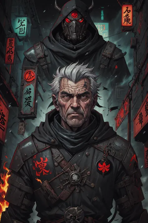 (best quality, masterpiece, highest detailed), comic cover art, poster art, <lora:Ink_poster-000004:0.3>,
(1man, wrinkled face, old welsh male:1.2), frail, black eyes, gray hair, high-fade,
<lora:GoodHands-beta2:0.8>,
portrait, looking up, solo, upper body, detailed background, (<lora:ShinobiTech:0.6>, bulky metal, cyberpunk, neon lights, shinobi, shinobitech theme:1.1), interrogator, grim determination, intricate padded leather clothes, , coat, hood, silver engravings, , inquisition, burning medieval house in background, winter, twilight, occult atmosphere,