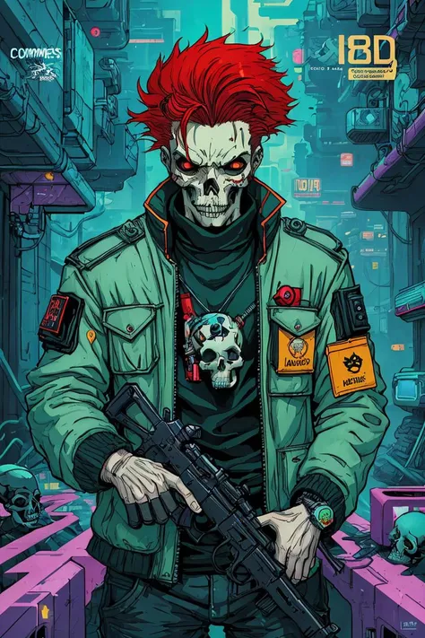 a man with red hair holding a gun and a skull in his hand, with a gun in his other hand, Android Jones, comic cover art, cyberpunk art, computer art <lora:Ink_poster-000004:.6>