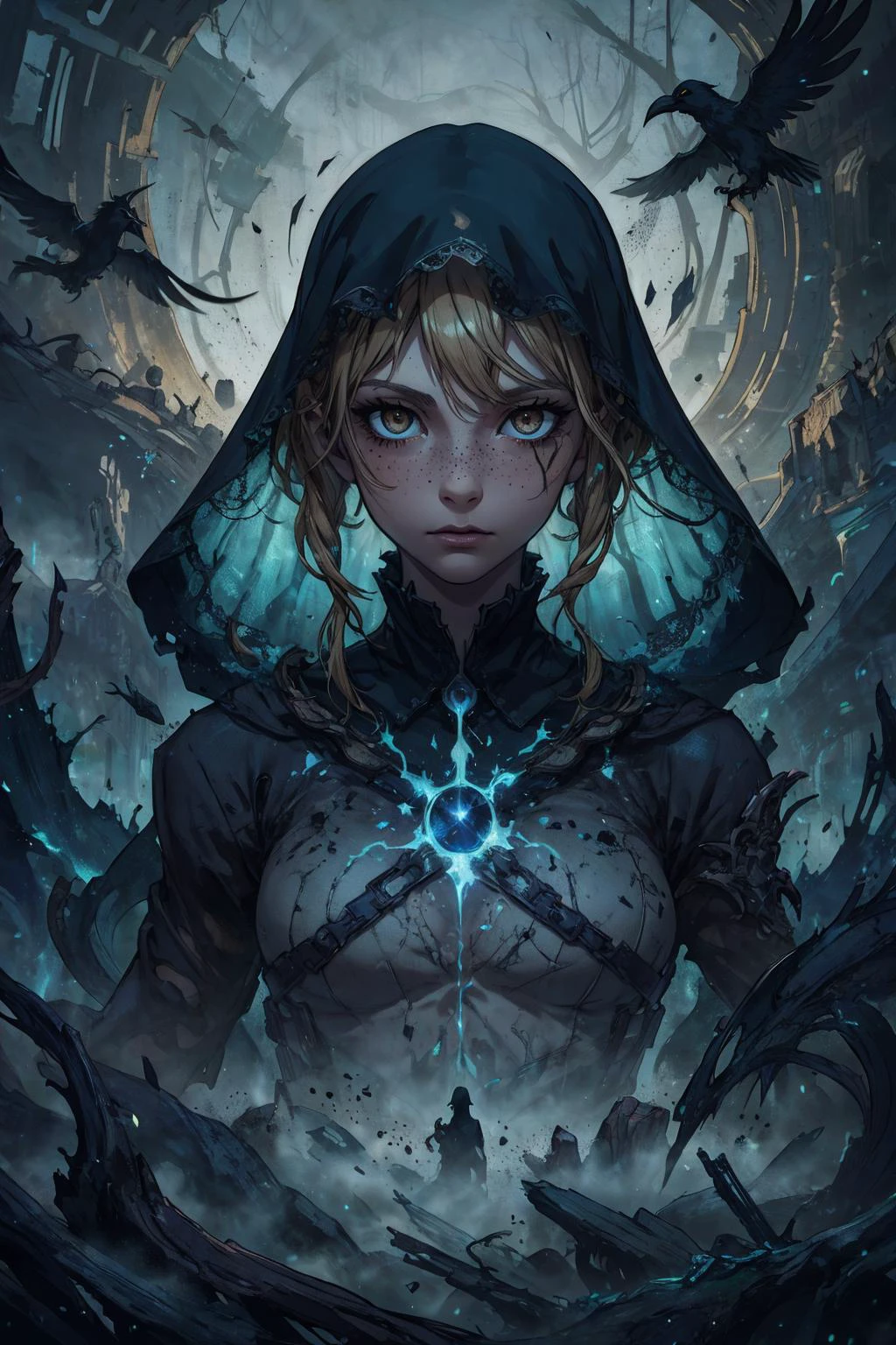 beautiful, linework, (outlines:1.05), shadows, <lora:detail_slider_v4:1.0>, <lora:Ink_poster-000004:0.25>,
(rim lighting:1.1),
1 girl, adult (elven:0.7) woman, freckles, dark brown eyes, medium blonde dutch braid,
<lora:GoodHands-beta2:0.8>,
Style-GravityMagic, portrait, solo, upper body, looking at viewer, detailed background, detailed face, (<lora:EntropyMagic:0.6> dissolving, decay, entropymagic theme:1.1),mournful, ethereal bringer of death, veil of silence, dark clothes, cold breeze, floating particles, dead forest in background, crows in background, eerie fog, dark clouds, low light, mysterious lighting, sinister dark mysterious atmosphere,