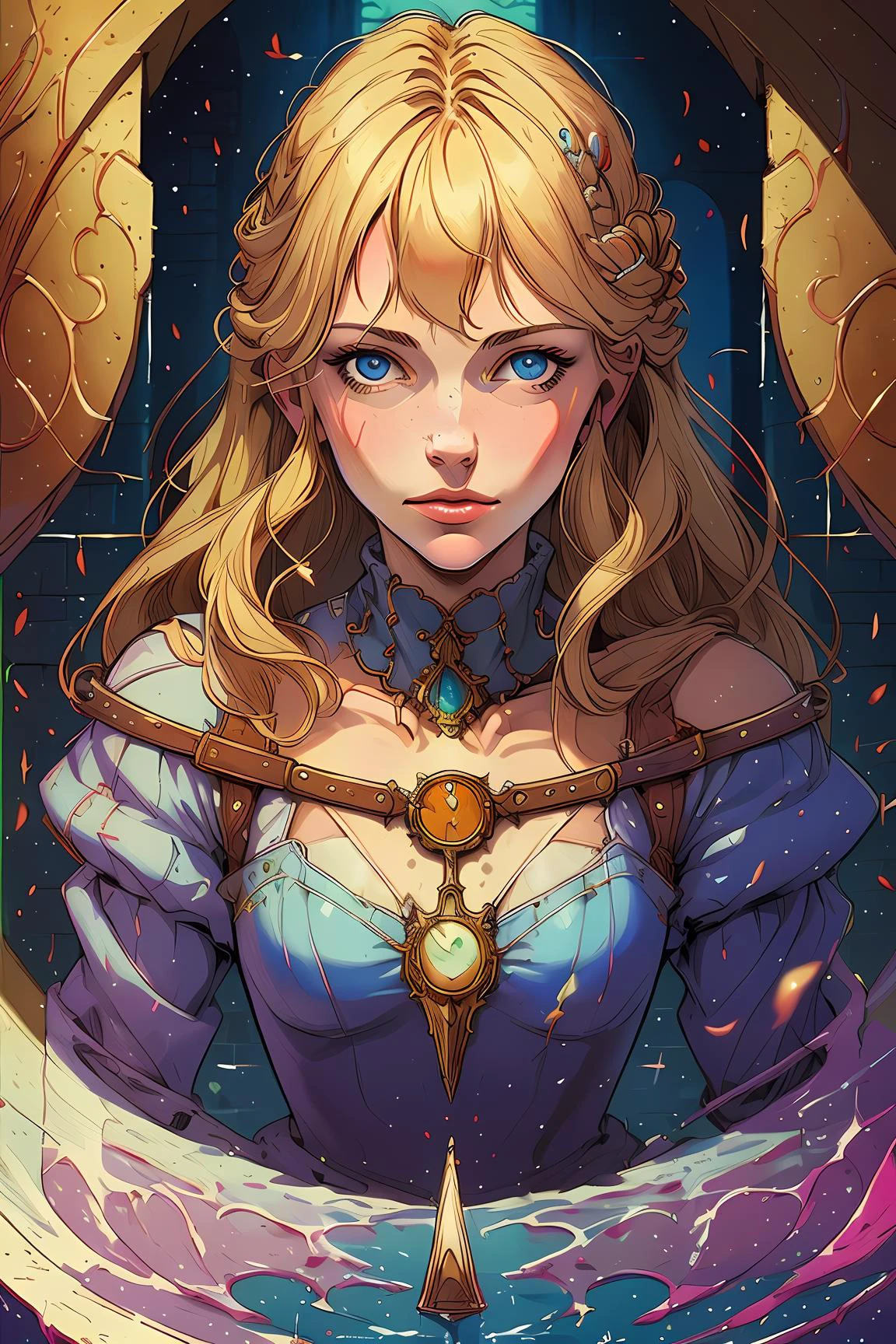 <lora:Ahsveden3:1>, portrait of a 1 girl, moebius fantasy, dnd, dungeon, (masterpiece, best quality:1.3), depth of field, <lora:Ink_poster-000004:.6>, blonde