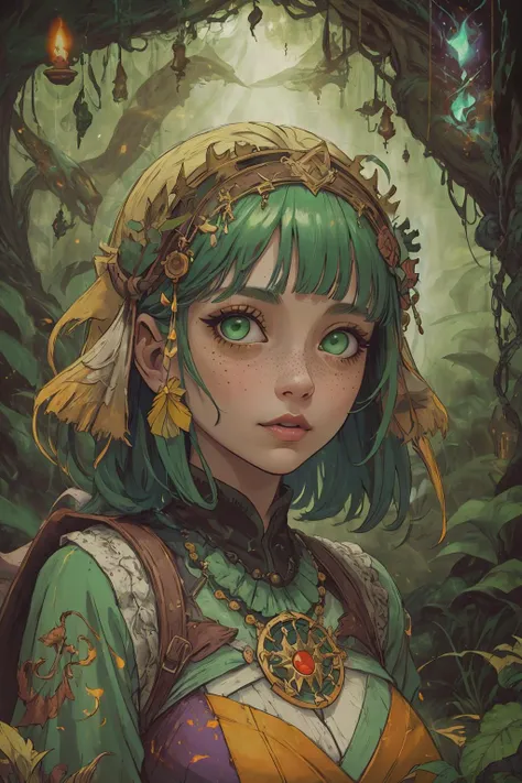 (best quality, masterpiece, highest detailed), comic cover art, poster art, <lora:Ink_poster-000004:0.3>,
1 girl, adult [russian:japanese:0.3] woman, freckles, green eyes, yellow wedge cut hair, ombre, 
<lora:GoodHands-beta2:0.8>,
 focus on character, portrait, solo, from front, front view, half shot, looking up, detailed background, detailed face, (<lora:BohoAI:0.6>, bohoai, boho theme:1.1), focusing, botanist,    greenery, magical plants,   glowing plants,   magic,    green color scheme,  wild growth,    ferns, research, botanical garden in background,  magical atmosphere,
