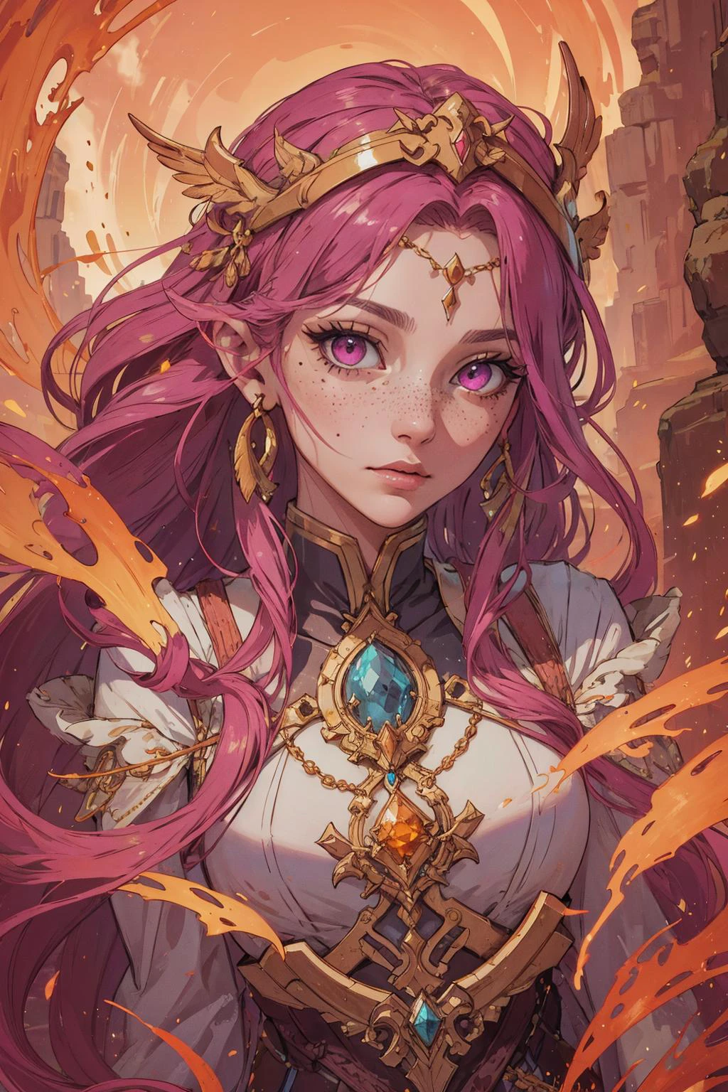 beautiful, linework, (outlines:1.05), shadows, <lora:detail_slider_v4:1.0>, <lora:Ink_poster-000004:0.3>, depth of field,
1 girl, adult (elven:0.7) woman, freckles, pink eyes, medium brown layered hair, ombre,
<lora:GoodHands-beta2:0.8>,
portrait, solo, from front, front view, half shot, looking away, detailed background, detailed face, ((space_style:0.6), cosmic outer space theme:1.1), ancient oracle, enigmatic, transcendental, threads of fate, white robes, intricate headpiece, magical jewels, divination tools, magic weaves pouring from eyes, desert oasis in background, gentle breeze, epic atmosphere, epic composition,