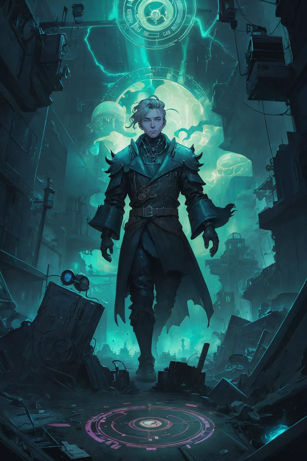 (best quality, masterpiece, highest detailed), comic cover art, poster art, <lora:Ink_poster-000004:0.3>,
(1man, masculine adult russian male:1.2), turquoise eyes, chestnut hair, comb over,
<lora:GoodHands-beta2:0.8>,
solo, (full body:0.6), detailed background, detailed face, (<lora:Magic Circle_20230812103010:0.6>, Magic Circle theme:1.1), vapour-mage, satisfied grin, eccentric, , punk, red mage robes, techwear, leather accessories, goggles, grunge, (disappearing into cloud of thick dark steam:1.1), casting spell, conjuring smoke, enchanted fumes, floating vapour particles, industrial pipes in background, storm, cinematic atmosphere,