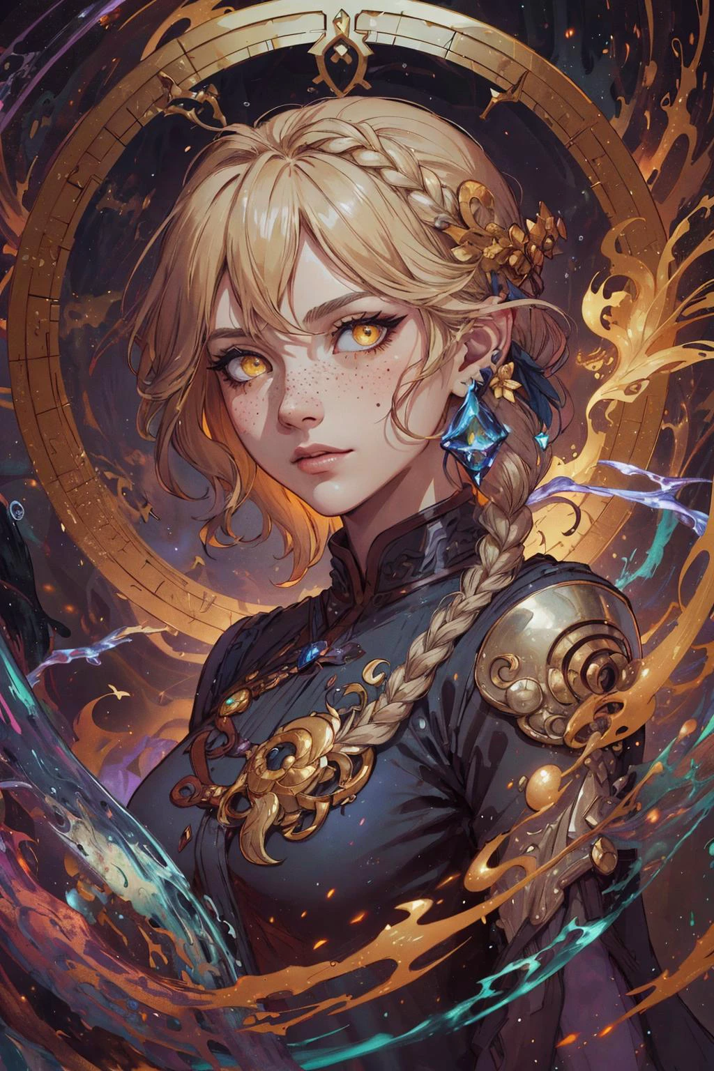 beautiful, linework, (outlines:1.05), shadows, <lora:detail_slider_v4:1.0>, <lora:Ink_poster-000004:0.25>,
(rim lighting:1.1),
1 girl, adult (elven:0.7) woman, freckles, yellow eyes, dark blonde fishtail braid, ombre,
<lora:GoodHands-beta2:0.8>,
(style-swirlmagic:1.0), portrait, solo, from front, front view, upper body, looking down, detailed background, detailed face, (imperial chinese theme:1.1) glowing eyes, (master of time and space:1.1), eternity, timeless, endless space, swirling patterns, clockwork, clock gears, time, dynamic pose, clock-face in background, ethereal atmosphere,