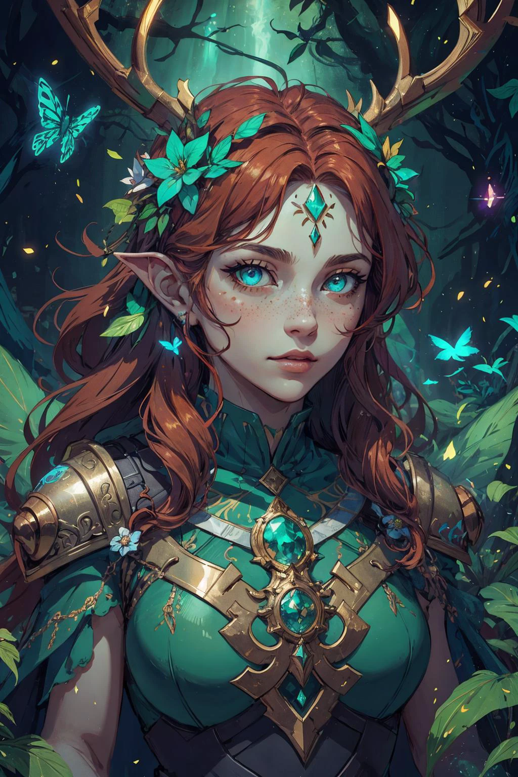 beautiful, linework, (outlines:1.05), shadows, <lora:detail_slider_v4:1.0>, <lora:Ink_poster-000004:0.3>, depth of field,
1 girl, adult (elven:0.7) woman, freckles, turquoise eyes, copper blowout hair, ombre,
<lora:GoodHands-beta2:0.8>,
(Style-SwampMagic:0.8), portrait, solo, (full body:0.6), looking down, detailed background, detailed face, (<lora:CulturePunkBundle-000007:0.5>, fairytaleai, fairytale theme:1.1) glowing eyes, flower-defender, plant-based armor, blending of plants with metal, antlers, green magical lights, stoic, natural markings on skin, plant overgrowth,floating particles, civilization left to crumble in background, insects, wind blowing, sidelighting, ethereal atmosphere,