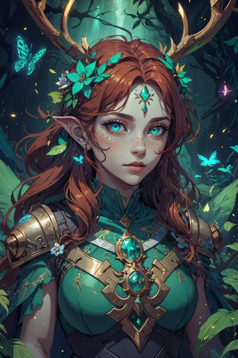 beautiful, linework, (outlines:1.05), shadows, <lora:detail_slider_v4:1.0>, <lora:Ink_poster-000004:0.3>, depth of field,
1 girl, adult (elven:0.7) woman, freckles, turquoise eyes, copper blowout hair, ombre, 
<lora:GoodHands-beta2:0.8>,
(Style-SwampMagic:0.8), portrait, solo,  (full body:0.6), looking down, detailed background, detailed face, (<lora:CulturePunkBundle-000007:0.5>, fairytaleai, fairytale theme:1.1) glowing eyes, flower-defender, plant-based armor, blending of plants with metal,   antlers, green magical lights,  stoic,  natural markings on skin,   plant overgrowth,floating particles, civilization left to crumble in background,  insects, wind blowing, sidelighting, ethereal atmosphere,