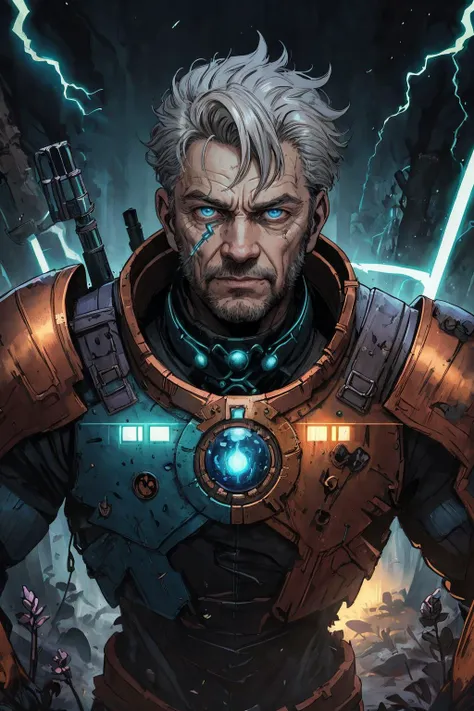 (best quality, masterpiece, highest detailed), comic cover art, poster art, <lora:Ink_poster-000004:0.3>,
(1man, wrinkled face, old male:1.2), wise, blue eyes, gray hair, spiky hair,
<lora:GoodHands-beta2:0.8>,
Style-GravityMagic, portrait, looking at viewer, solo, from front, front view, upper body, detailed background, close up, detailed face, futuristic shining digital copper armor, thick bulky armor, circular pattern, rivets, batteries, nanotech, cybernetics, (small high-tech goggles:0.8), dynamic pose, epic galactic battlefield in background, blue lights, lens flare, electricity, screens, cinematic atmosphere,
