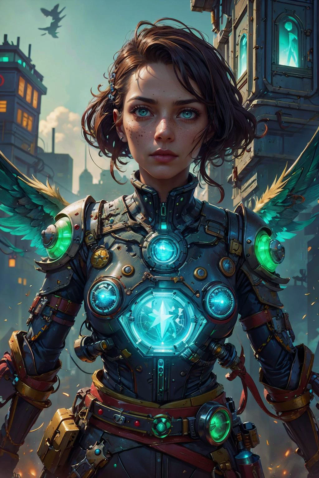 <lora:detail_slider_v4:0.5>, <lora:Ink_poster:0.2>, <lora:colorify:0.3>, <lora:FilmVelvia3:0.2>, <lora:FujiVelvia50:0.2>, <lora:fractalized:0.1> fractalized, (ambient lighting:1.2), (volumetric lighting:1.2), (fine details:1.1), photorealistic, depth of field,
1 girl, adult (elven:0.7) woman, freckles, jade eyes, black sleek hair, ombre,
focus on character, solo, (style-swampmagic:0.8), solo, half shot, looking up, detailed face,<lora:ExoBioTech:0.6> scifi, exobiotech themesteampunk mechanic,(stoic resignation,:1.05),relaxed pose,shirt,sash,commanding ,weaving supernatural patterns,antigravity drones orbiting around,dark blue color scheme,outdoors, billboards, , smoke, , rooftops,valley habitat in background,cold air,dramatic shadows,