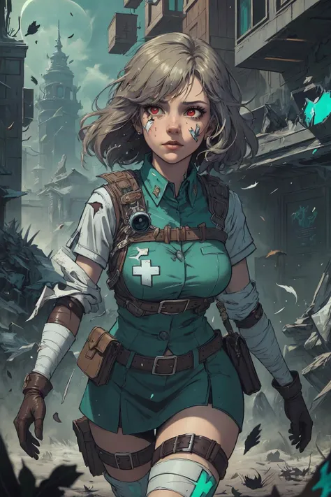 (best quality, masterpiece, highest detailed), comic cover art, poster art, <lora:Ink_poster-000004:0.3>,
1 girl, adult woman, red eyes, silver medium hair,
<lora:GoodHands-beta2:0.8>,
portrait, solo, from front, front view, half shot, looking away, detailed background, detailed face, (<lora:FragRealityTech:0.6>, shattered warped reality, scifi, fragrealitytech theme:1.1), battlefield-medic, hopeful expression, black military medic uniform, vest, gloves, belt, green cross, flag, bandages, toruniquet, triage, running, battlefield-hospital in background, floating particles, ashes, heroism, cinematic atmosphere,