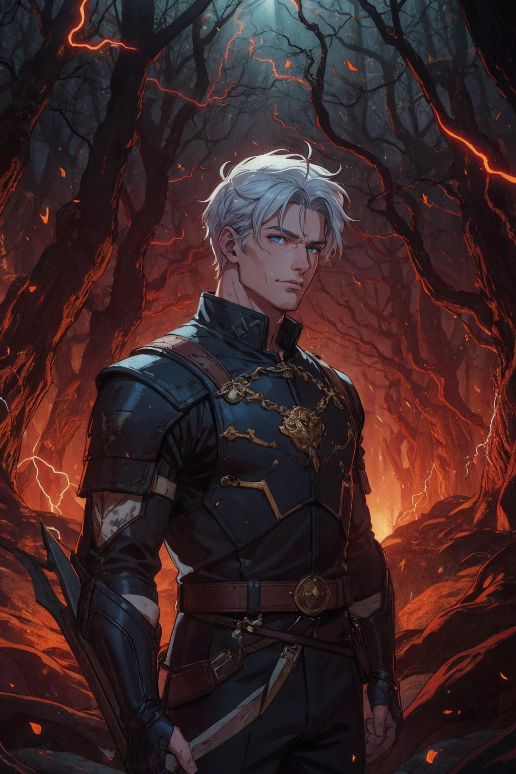 beautiful, linework, (outlines:1.05), shadows, <lora:detail_slider_v4:1.0>, <lora:Ink_poster-000004:0.25>,
(cinematic,:1.2),
(1man, masculine adult french male:1.2), blue eyes, white hair, shaved head,
<lora:GoodHands-beta2:0.8>,
Style-GravityMagic, looking down, solo, from front, front view, half shot, detailed background, detailed face, (<lora:ldv2:0.6>, electricity, red, Lightning theme:1.1), hunter, light smile, beautiful landscape, medieval fantasy setting, high fantasy, gray embroidered leather clothes, pouches, belt, fairytale forest, oak trees, (Style-SwampMagic:0.4), butterflies, wildlife, arrows in quiver, dappled sunlight, dew,