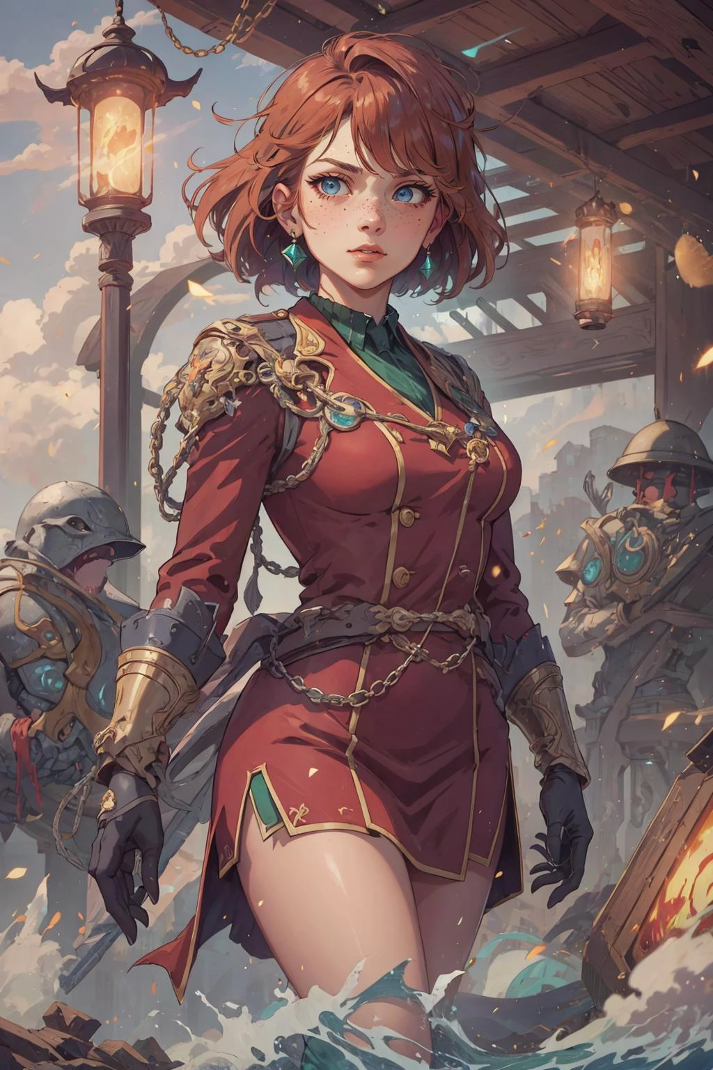 beautiful, linework, (outlines:1.05), shadows, <lora:detail_slider_v4:1.0>, <lora:Ink_poster-000004:0.3>, depth of field,
1 girl, adult woman, freckles, blue eyes, auburn hair flaps,
<lora:GoodHands-beta2:0.8>,
(style-swirlmagic:0.8), solo, from front, front view, half shot, looking away, detailed background, detailed face, (<lora:SteamPunkBundleV3:0.5>, GasLampFantasyAI theme:1.1), military commander, aristocratic, (ww2 era, 1930s:1.1), resolute, elegant clothes, insignia, battle-hardened, , triumphant, intense action, ruined battlefield in background, flags, dust and smoke, mist,