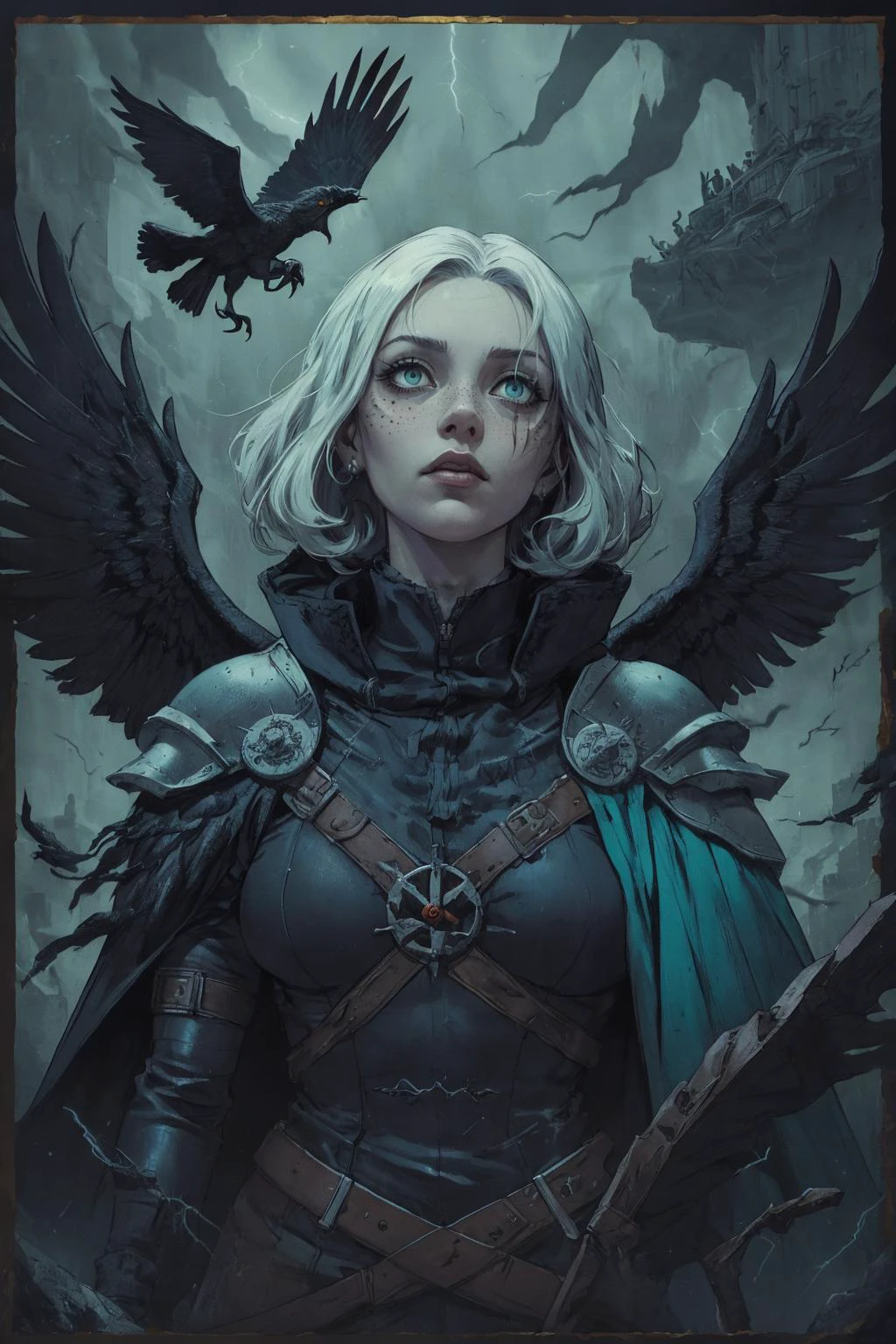 (best quality, masterpiece, highest detailed), comic cover art, poster art, <lora:Ink_poster-000004:0.3>,
1 girl, adult (elven:0.7) woman, freckles, turquoise eyes, white medium hair,
<lora:GoodHands-beta2:0.8>,
solo, (full body:0.6), looking up, detailed background, detailed face, (imperial chinese theme:1.1), raven-knight, chosen of the raven-queen, dark feathers, wearing feathered cloak, dark folded feathered wings, calm posture, raven perched on shoulder, swirling black feathers floating in the air, echoes of the past, haunting aura, crows flying in background, dark tower in background, foreboding atmosphere,