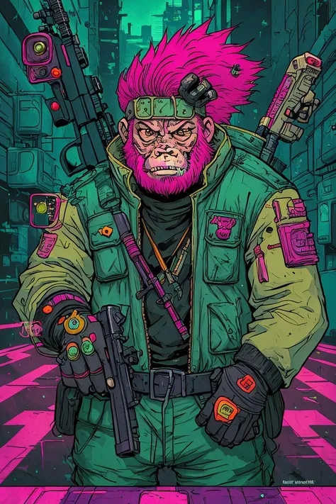 a cartoon character with a pink hair and a gun in his hand and a pink mohawk on his head, Alex Petruk APe, laurie greasley, cyberpunk art, nuclear art <lora:Ink_poster-000004:.7>