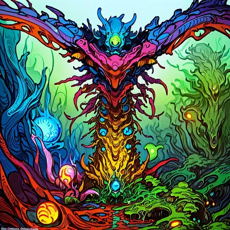 famous artwork by yoshitaka amano, (dramatic scene:1.2), (fractal art:0.1), fantasy style, dynamic angle, this eldritch abomination, the joxybommled pondwhisk, with its form ever twisting and contorting in unnatural ways, stalks the dense (fog-shrouded jungles:1.2) of planet ramsnuggle iii in the cover of its gigantic primordial flora and eerie ostonfering blampf, <lora:detail_slider_v4:0.5>, <lora:Ink_poster:0.2>, <lora:colorify:0.3>, <lora:FilmVelvia3:0.2>, <lora:FujiVelvia50:0.2>,