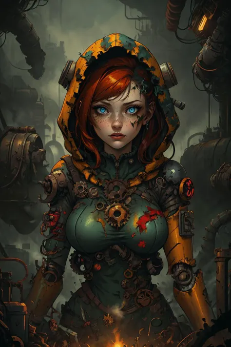(best quality, masterpiece, highest detailed), comic cover art, poster art, <lora:Ink_poster-000004:0.3>,
1 girl, adult (elven:0.7) woman, freckles, blue eyes, auburn sleek hair, ombre,
<lora:GoodHands-beta2:0.8>,
(style-rustmagic:0.8), (steampunk cyborg:0.8), portrait, (bloody wounds:0.7), looking at viewer, solo, (full body:0.6), detailed background, (<lora:ToxicPunkAI:0.6>, ToxicPunkAI theme:1.1) determined expression, dynamic pose, dark clouds tinkerer, floating lights, light brown tattered dirty clothes with gears, techwear, mechanical arm, hood, medieval glasses, dark cave in background, machines, gears, steam, industry, engineering, energy crystals,