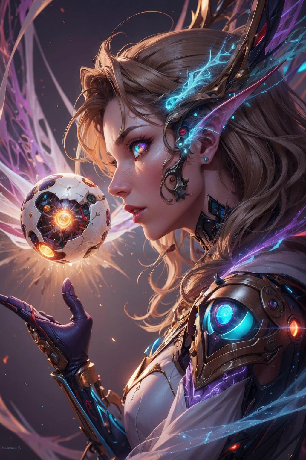 <lora:detail_slider_v4:0.5>, <lora:Ink_poster:0.2>, <lora:colorify:0.3>, <lora:FilmVelvia3:0.2>, <lora:FujiVelvia50:0.2>, <lora:fractalized:0.1> fractalized, (ambient lighting:1.2), (volumetric lighting:1.2), (fine details:1.1), photorealistic, depth of field,
1 girl, adult ukrainian woman, grey eyes, medium brown wavy hair,
focus on character, solo, (style-swirlmagic:0.8), solo, from side, side view, half shot, detailed face,<lora:WebbedTech:0.4>, webbedtech themesolar enchanter,(glowing eyes:1.1),(undaunted bravery,:1.05),perched on a ledge,mantle,harnessing ethereal strands of energy,mind-merge devices enhancing cognitive abilities,(simple purple background:1.0),