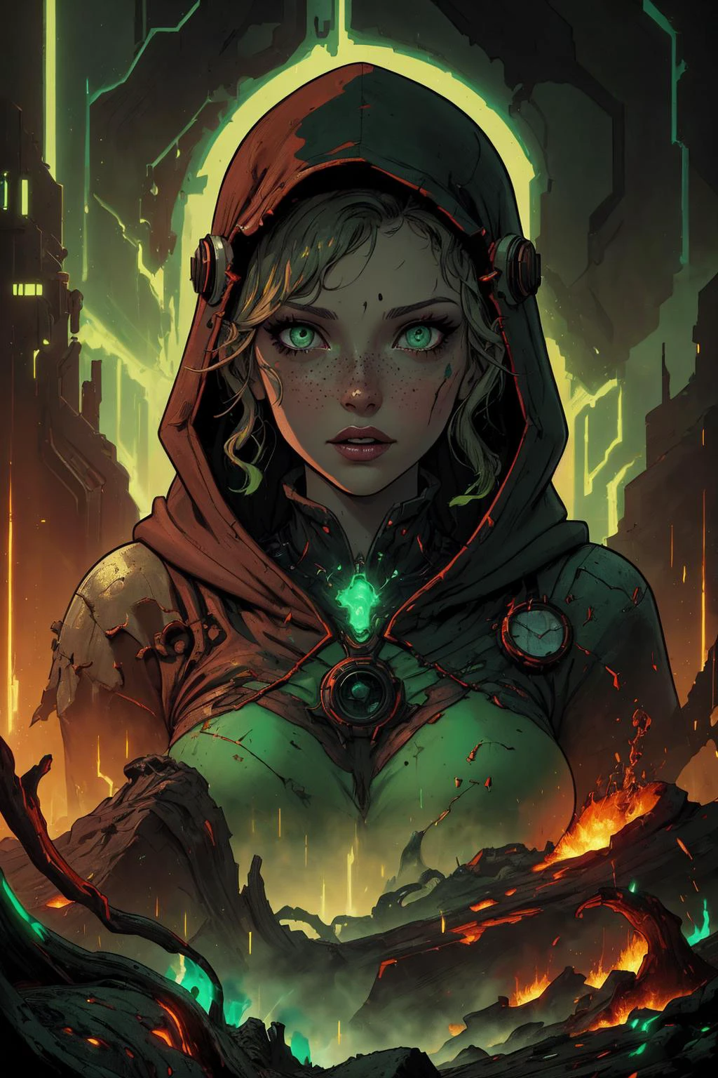 (best quality, masterpiece, highest detailed), comic cover art, poster art, <lora:Ink_poster-000004:0.3>,
1 girl, adult (elven:0.7) woman, freckles, grey eyes, brown beach waves hair, ombre,
<lora:GoodHands-beta2:0.8>,
(style-rustmagic:0.8), solo, (full body:0.6), detailed background, detailed face, (<lora:MagmaTech:0.5>, lava, MagmaTech theme:1.1), techno-warlock, evil undertone, red wizard robes, sci-fi goggles, , hood, (sickly green color scheme:1.1), cyberpunk, decaying metal, casting spell, underglow, eerie ethereal atmosphere,