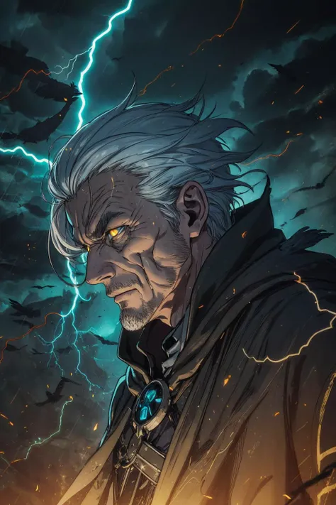 beautiful, linework, (outlines:1.05), shadows, <lora:detail_slider_v4:1.0>, <lora:Ink_poster-000004:0.25>,
 (sidelighting:1.2),
(1man, wrinkled face, old german male:1.2), wise,  teal eyes, silver hair, side part, 
<lora:GoodHands-beta2:0.8>,
 portrait, solo, from front, front view, upper body, looking away, detailed background, detailed face, (<lora:ldv2:0.6>, glowing,  yellow, Lightning theme:1.1), glowing eyes, raven-warrior, harbinger of the raven-queen, dark feathers, wearing  feathered cape, hood,  melancholic, dark folded feathered wings,      echoes of the past, haunting magical aura, glowing enigmatic sigils in the air, ravens flying in background, lightning in background, dark night, backlighting, white dark clouds, wind blowing, foreboding atmosphere,